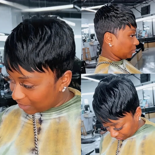 Human Hair Wigs for Women - Short Layered Pixie Cut with Bangs, 1B Color 150% Density Full Machine-Made Wig