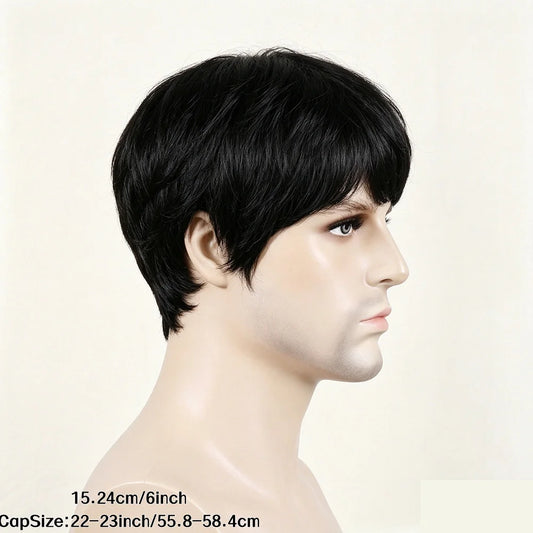 Men's Black Short Full Machine Made Wig with Straight Layered 100% Human Hair Wig with Bangs for Daily Use