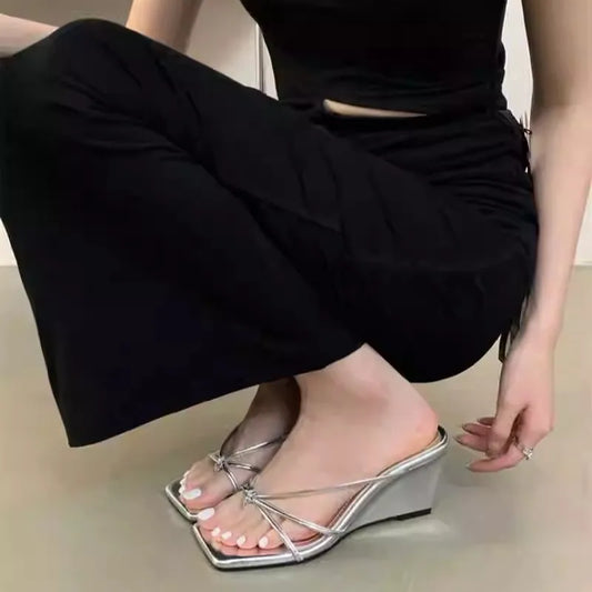 Slope Slippers Women's Fashion Square Head Clip Toe Set Foot Fine Strap Soft Sole Anti-slip Wear-resistant High Heels