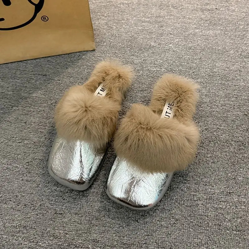 Women's Flat Slippers 2025 Autumn Winter Fashion Outdoor Warm Non Slip Plush Shoes Lightweight Comfortable Casual Half Slippers