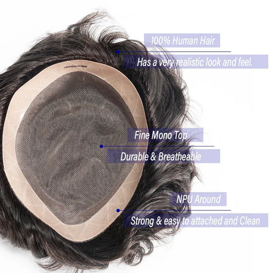 Men Human Hair Toupee Fine Mono NPU Human Hair Wigs Breathable Male Hair Prosthesis Indian Hair System Straight Wave Hairpiece