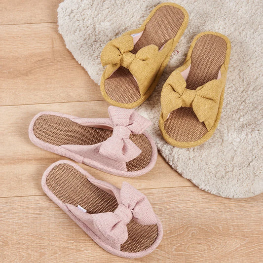 Women's Slippers for Spring, Autumn, and Summer, Indoor Home Non-Slip Wooden Floor Silent Slippers for All Seasons with Bowknot