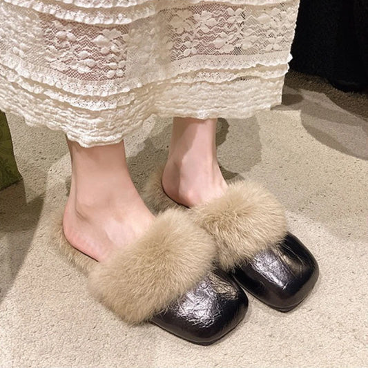 Women's Flat Slippers 2025 Autumn Winter Fashion Outdoor Warm Non Slip Plush Shoes Lightweight Comfortable Casual Half Slippers