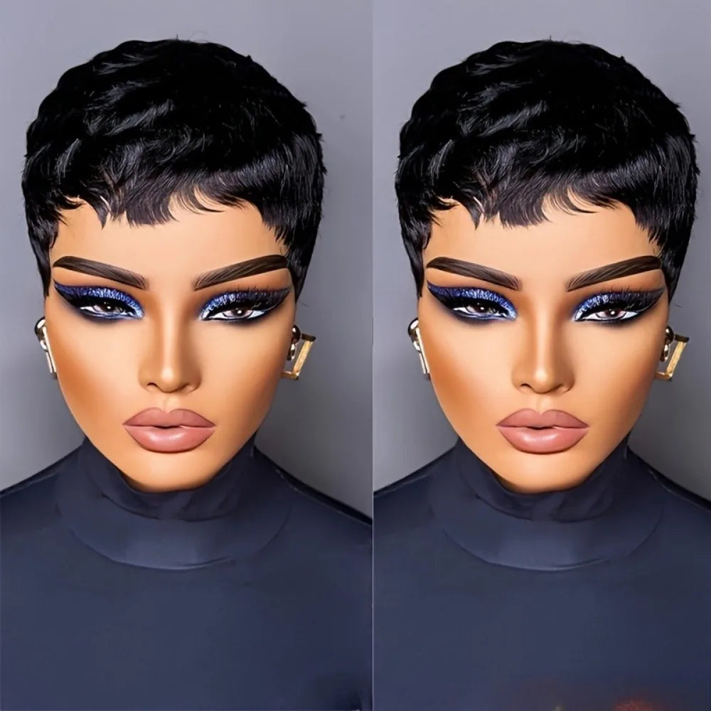Human Hair Wigs for Women - Short Layered Pixie Cut with Bangs, 1B Color 150% Density Full Machine-Made Wig