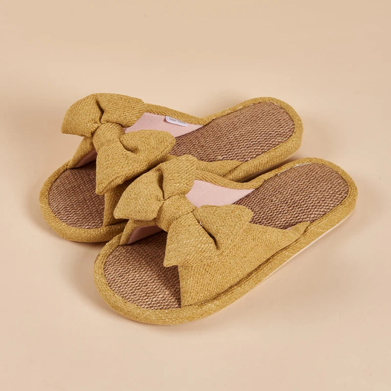 Women's Slippers for Spring, Autumn, and Summer, Indoor Home Non-Slip Wooden Floor Silent Slippers for All Seasons with Bowknot