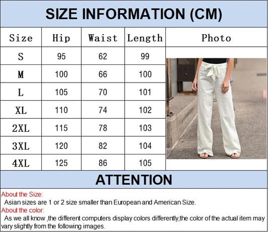 2024 Women Cotton Linen Pants Summer Fashion Elastic Waist Loose Straight Pants Female Casual Solid Color Ankle-length Trousers