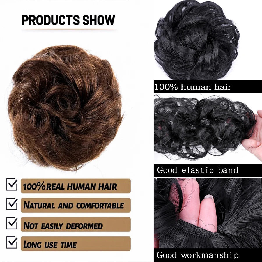 Human Hair Messy Hair Bun Chignon Extensions Scrunchy Updo HairPiece Soft And Comfortable To Wear Bun Hair Scrunchies Curly Wavy