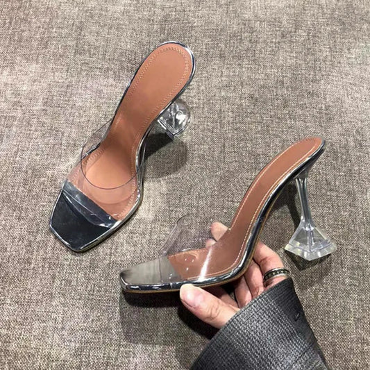 Slippers Women 2021 New Lazy Shoes Crystal Heel Stiletto Open Toe High Heel Transparent Sandals Women