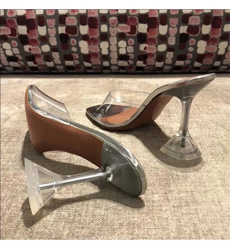 Slippers Women 2021 New Lazy Shoes Crystal Heel Stiletto Open Toe High Heel Transparent Sandals Women