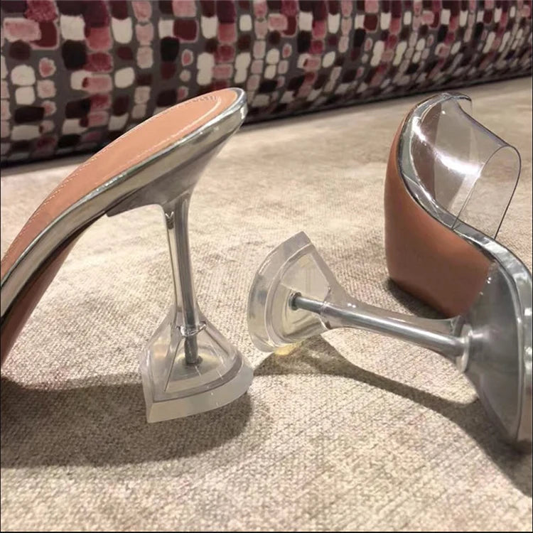 Slippers Women 2021 New Lazy Shoes Crystal Heel Stiletto Open Toe High Heel Transparent Sandals Women