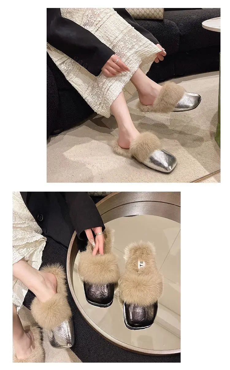 Women's Flat Slippers 2025 Autumn Winter Fashion Outdoor Warm Non Slip Plush Shoes Lightweight Comfortable Casual Half Slippers