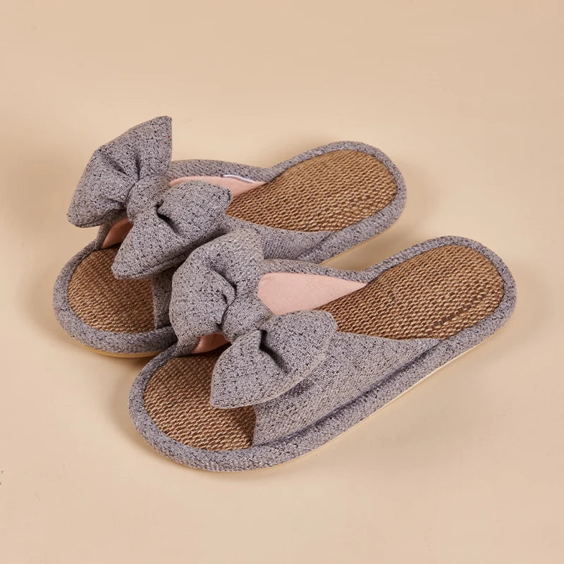 Women's Slippers for Spring, Autumn, and Summer, Indoor Home Non-Slip Wooden Floor Silent Slippers for All Seasons with Bowknot