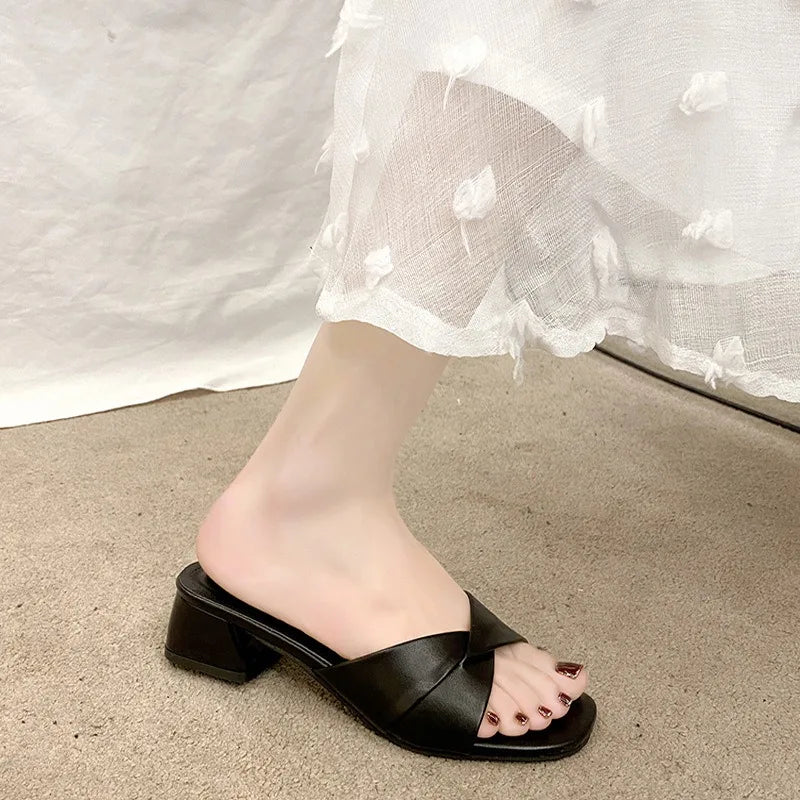 Women's Slippers Summer New Thick Heel Slipper Luxury Casual Leather Slippers for Women Square Toe Open Toe Slides Muller Slides