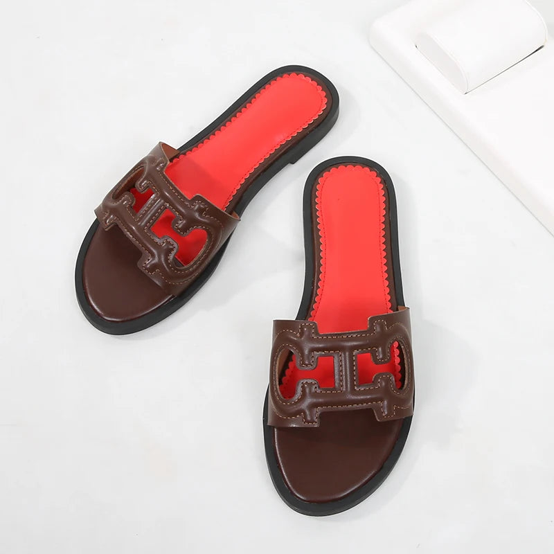 Ladies' slippers summer elegant slim-fitting breathable hollowed-out anti-slip soft-soled suitable vacation travel flat shoes