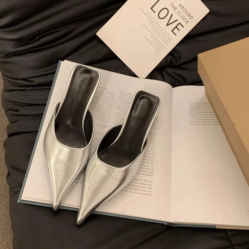 Women Slippers Pointed Toe Leopard Design Shallow Slip on Thin Low Heels Black Flock Design Casual Mules Loafers Black Outdoor
