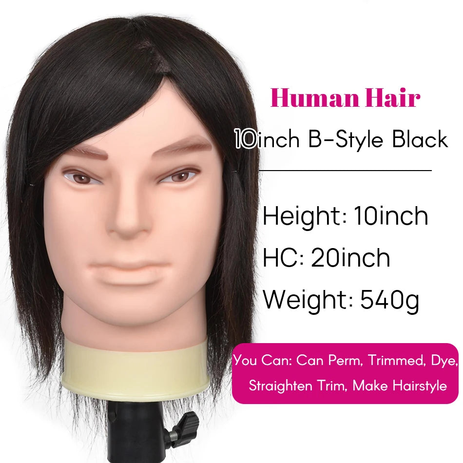 100% Human Hair Male Mannequin Head With Hair Beard Practice Manikin Hairdresser Cosmetology Training Doll Head For Hair Styling
