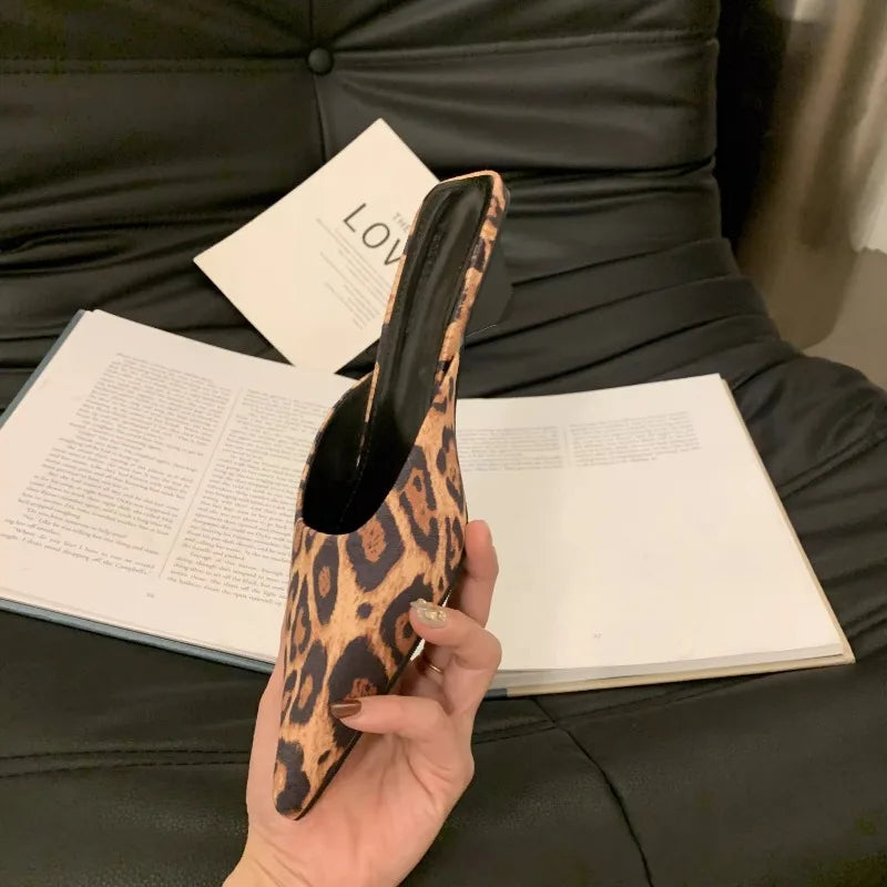 Women Slippers Pointed Toe Leopard Design Shallow Slip on Thin Low Heels Black Flock Design Casual Mules Loafers Black Outdoor