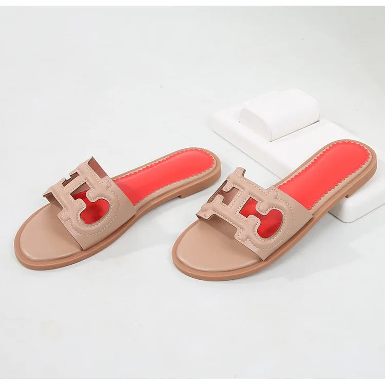 Ladies' slippers summer elegant slim-fitting breathable hollowed-out anti-slip soft-soled suitable vacation travel flat shoes