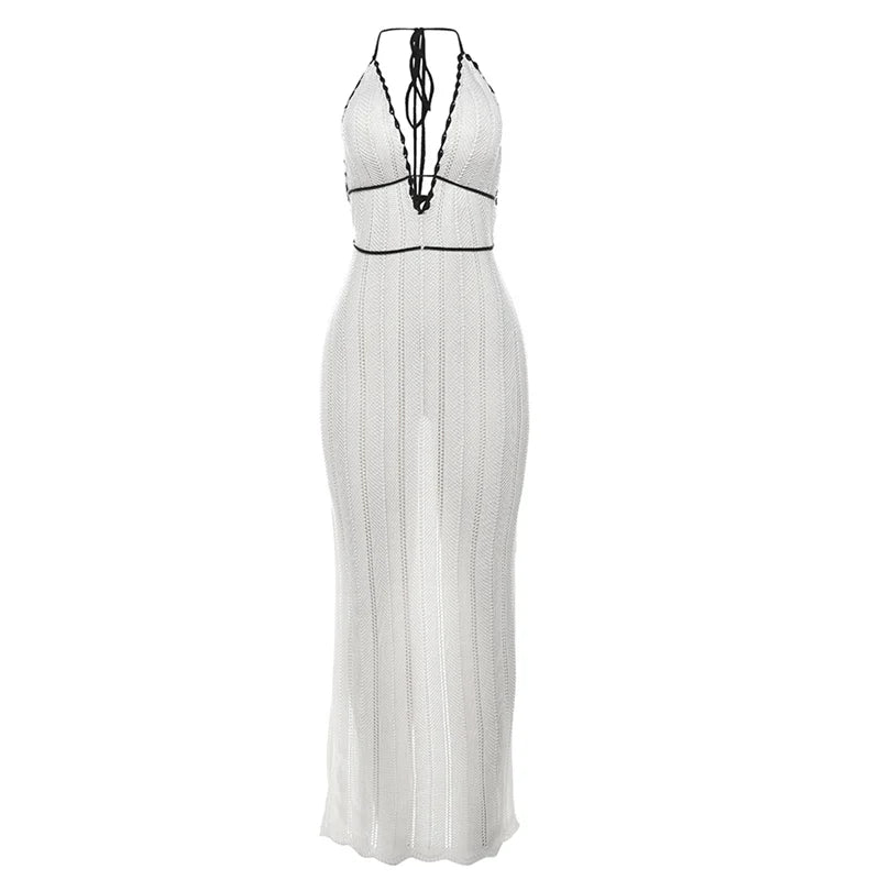 Weird Puss Sexy Elegant Halter Dress Women Summer Backless Lace-Up Color-Block Sleeveless Trendy Nightclub Wild Fashion Clothing