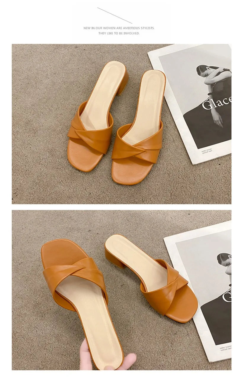 Women's Slippers Summer New Thick Heel Slipper Luxury Casual Leather Slippers for Women Square Toe Open Toe Slides Muller Slides