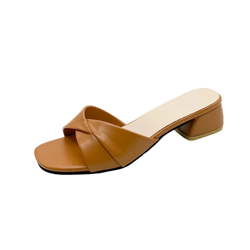 Women's Slippers Summer New Thick Heel Slipper Luxury Casual Leather Slippers for Women Square Toe Open Toe Slides Muller Slides