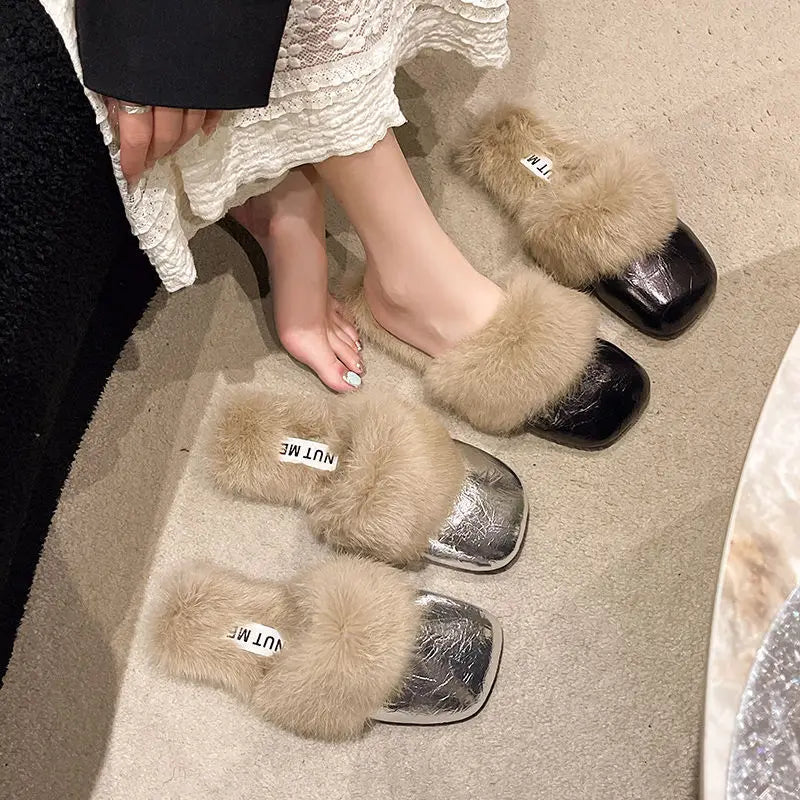 Women's Flat Slippers 2025 Autumn Winter Fashion Outdoor Warm Non Slip Plush Shoes Lightweight Comfortable Casual Half Slippers