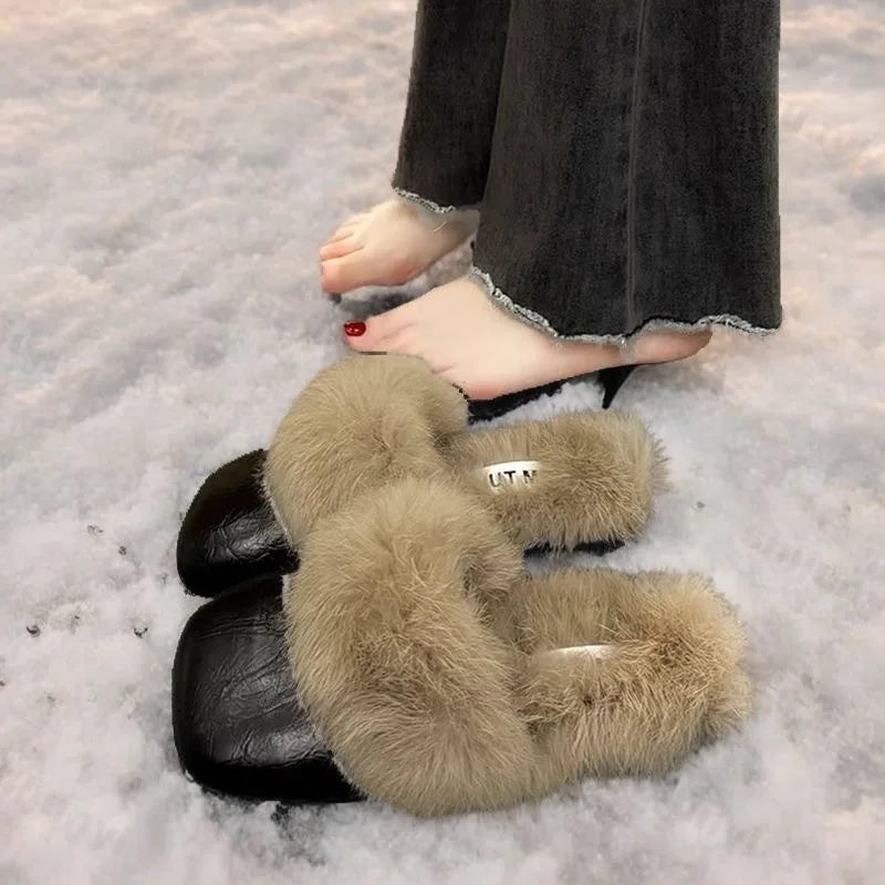 Women's Flat Slippers 2025 Autumn Winter Fashion Outdoor Warm Non Slip Plush Shoes Lightweight Comfortable Casual Half Slippers