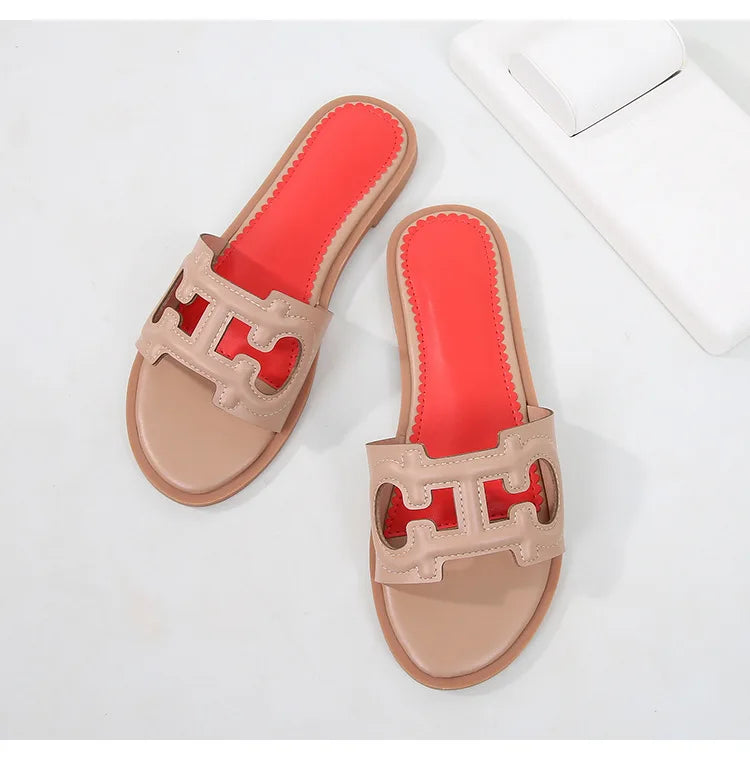 Ladies' slippers summer elegant slim-fitting breathable hollowed-out anti-slip soft-soled suitable vacation travel flat shoes