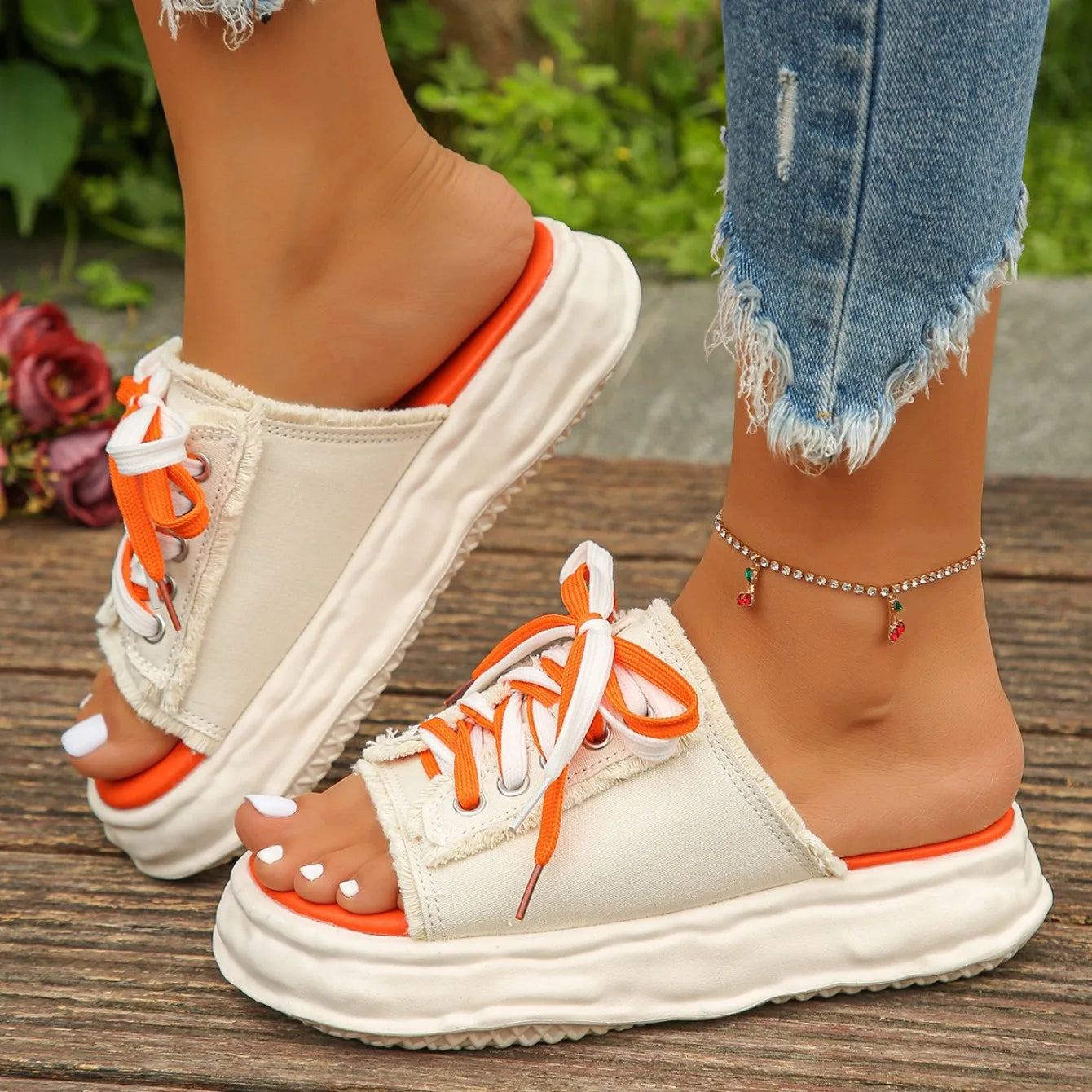 Women Slippers 2024 New Summer Fashion Flats Platform Shoes Casual Lace Up Sandals Designer Flip Flops Zapatos De Mujer Slides