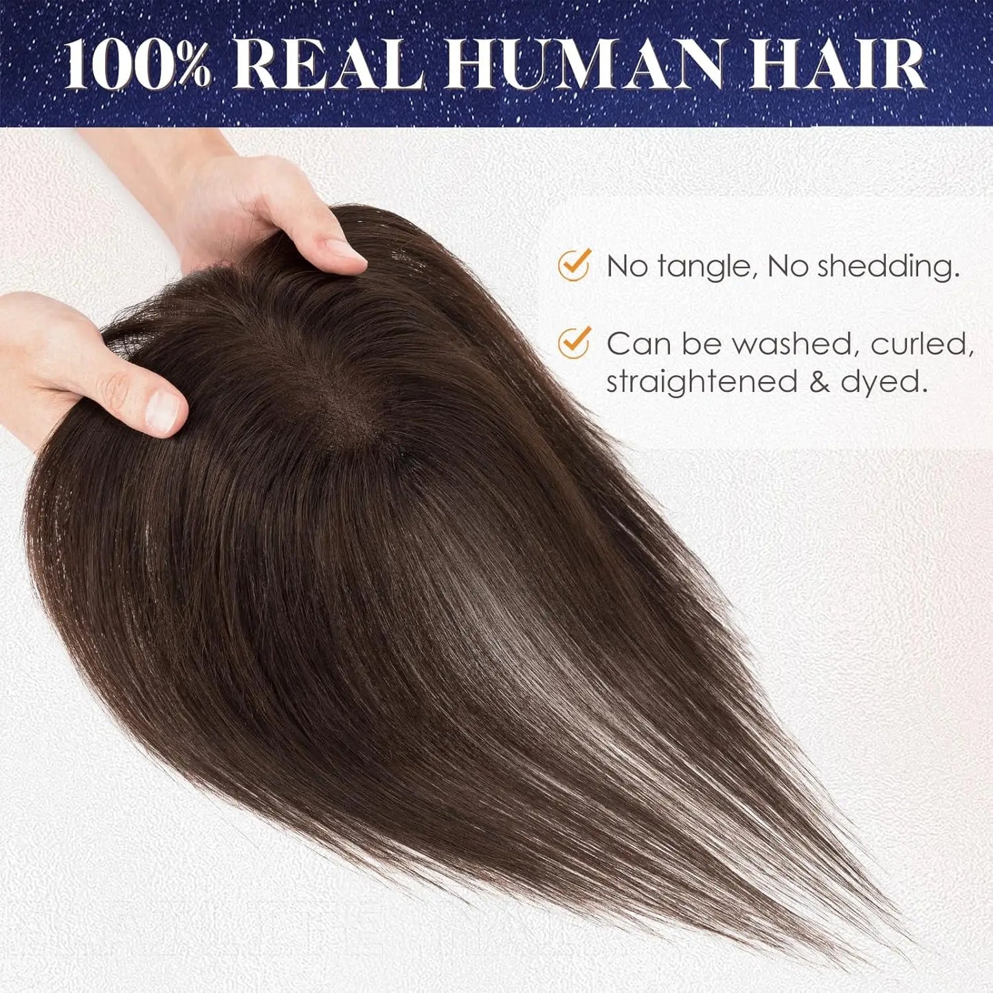 Human Hair Toppers for Women Real Human Hair Topper with Bangs Hand-Tied Thin Lace Base Light Weight Clip in Hairpiece Extension
