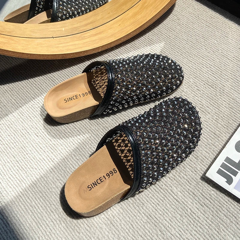 Women Slippers Summer 2025 New Luxury Brand Slippers Lightweight Round Head Shoes Water Diamond Large Flat Sandals Slides Women