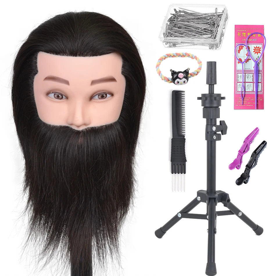 100% Human Hair Male Mannequin Head With Hair Beard Practice Manikin Hairdresser Cosmetology Training Doll Head For Hair Styling