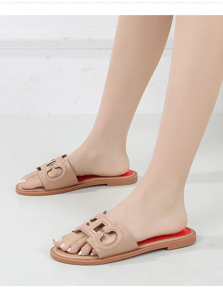 Ladies' slippers summer elegant slim-fitting breathable hollowed-out anti-slip soft-soled suitable vacation travel flat shoes