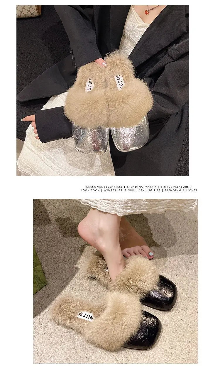Women's Flat Slippers 2025 Autumn Winter Fashion Outdoor Warm Non Slip Plush Shoes Lightweight Comfortable Casual Half Slippers