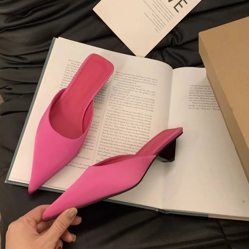 Women Slippers Pointed Toe Leopard Design Shallow Slip on Thin Low Heels Black Flock Design Casual Mules Loafers Black Outdoor