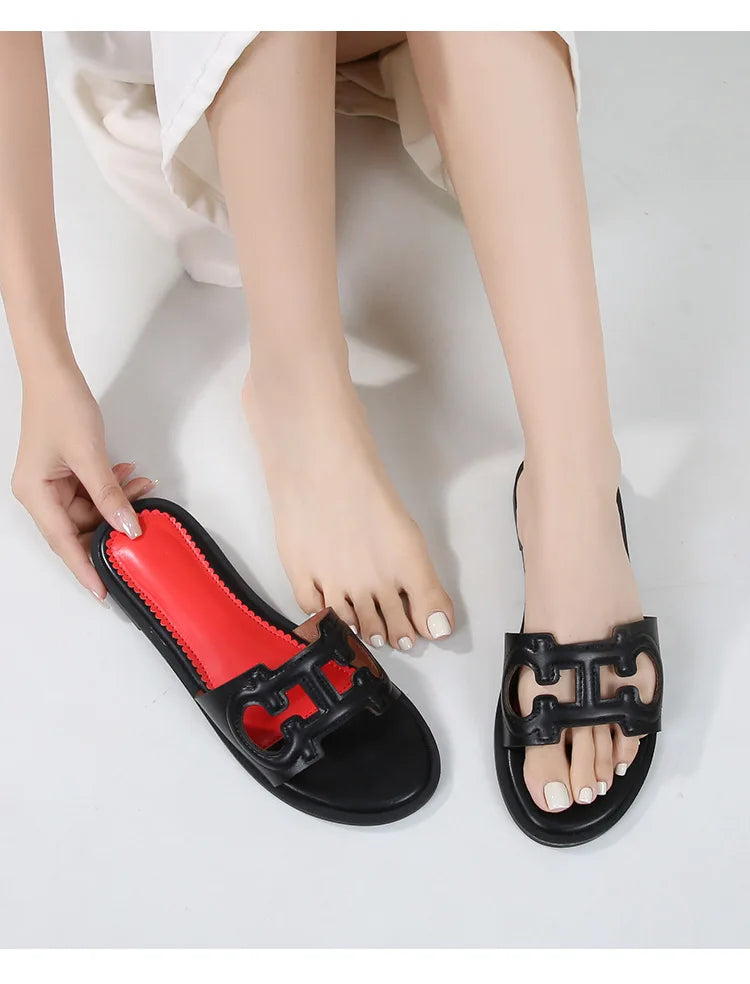 Ladies' slippers summer elegant slim-fitting breathable hollowed-out anti-slip soft-soled suitable vacation travel flat shoes