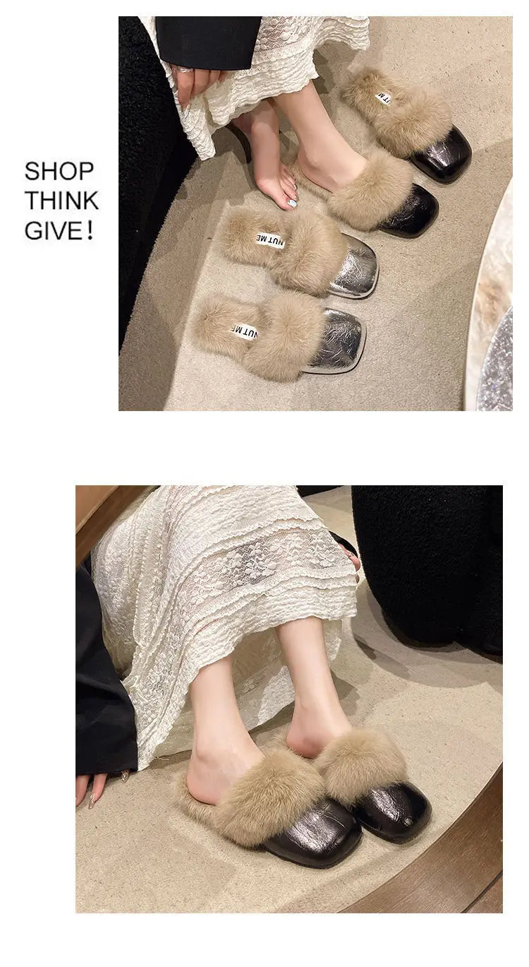 Women's Flat Slippers 2025 Autumn Winter Fashion Outdoor Warm Non Slip Plush Shoes Lightweight Comfortable Casual Half Slippers