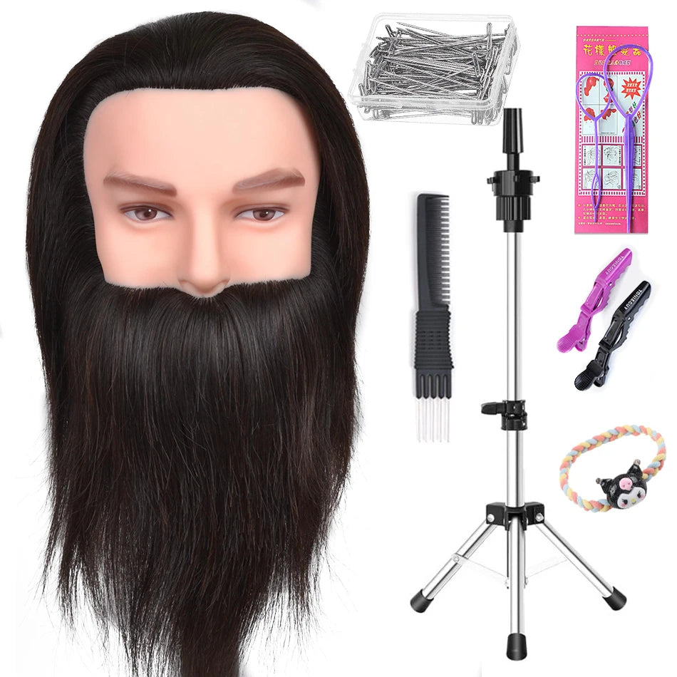 100% Human Hair Male Mannequin Head With Hair Beard Practice Manikin Hairdresser Cosmetology Training Doll Head For Hair Styling