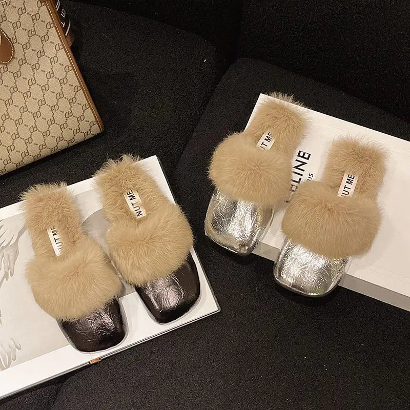 Women's Flat Slippers 2025 Autumn Winter Fashion Outdoor Warm Non Slip Plush Shoes Lightweight Comfortable Casual Half Slippers