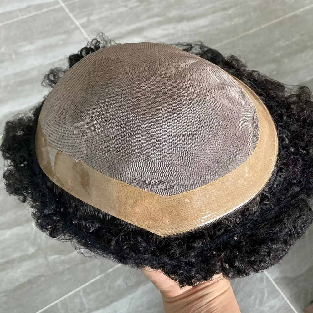Black Mens Human Hair Mono NPU Durable Hair Replacement Prosthesis System 10MM Deep Waves Afro Hairstyle Men's Toupee