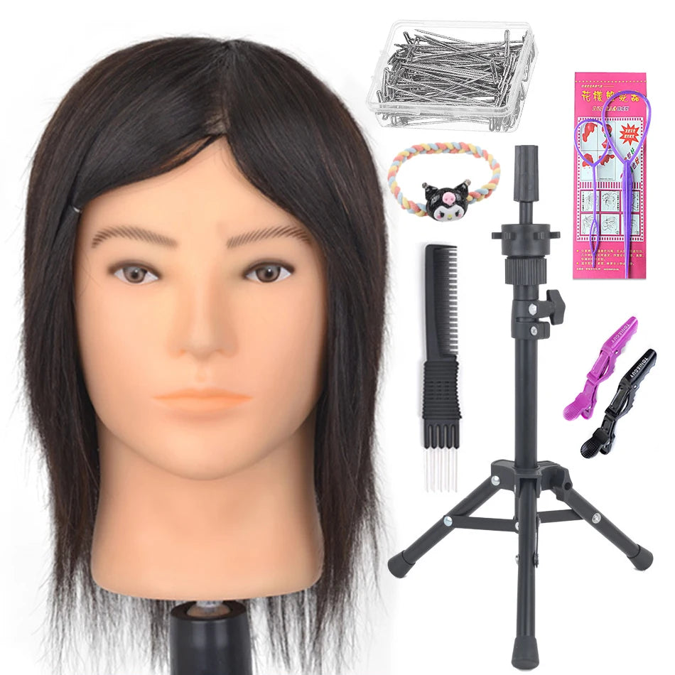 100% Human Hair Male Mannequin Head With Hair Beard Practice Manikin Hairdresser Cosmetology Training Doll Head For Hair Styling