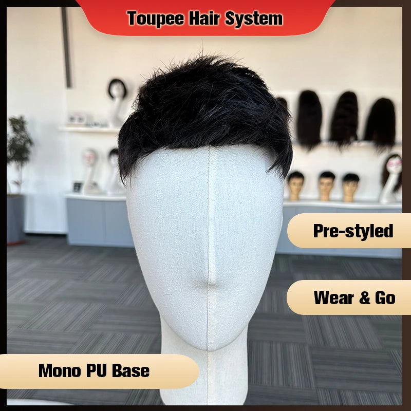 Human Hair System Pre-Cut Mono Base Toupee For Men Unit Ready To Wear PU Wigs For Men Durable Male Hair Prosthesis Men's Wigs