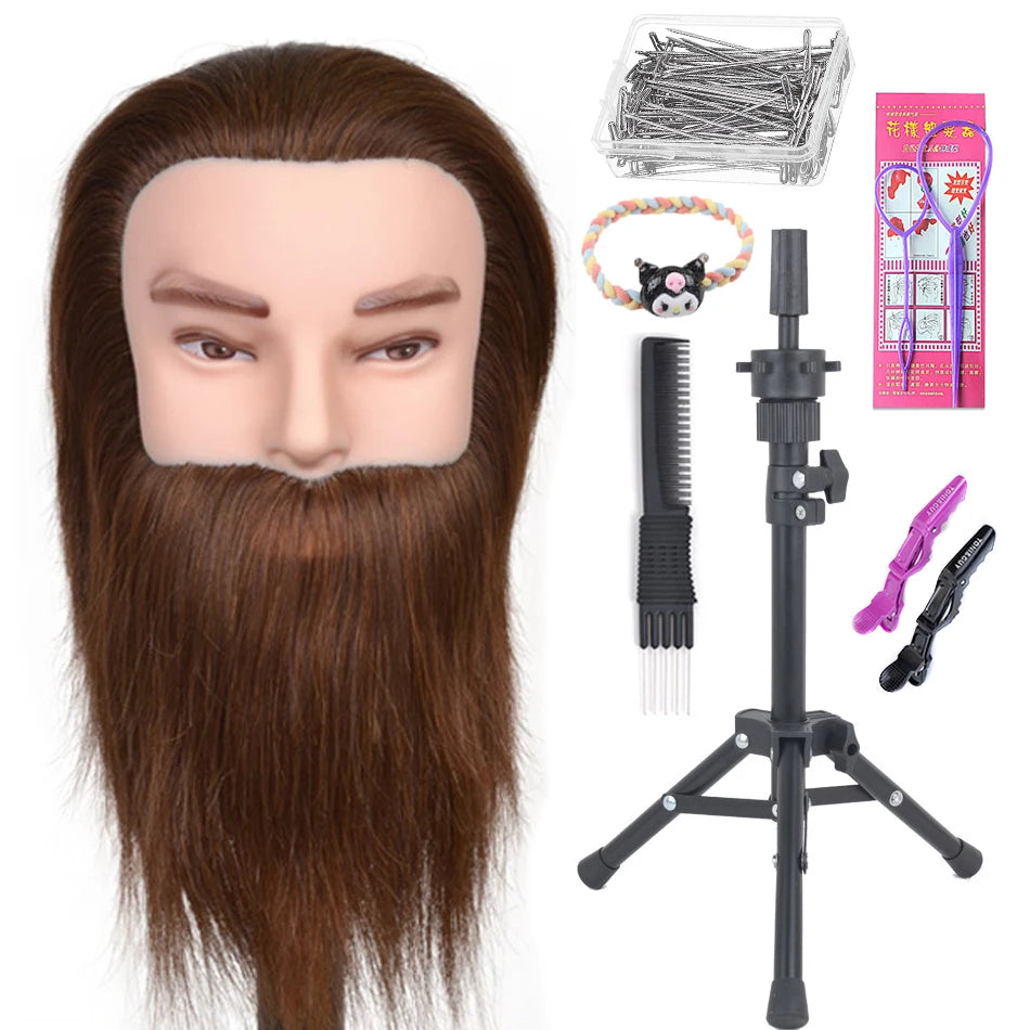 100% Human Hair Male Mannequin Head With Hair Beard Practice Manikin Hairdresser Cosmetology Training Doll Head For Hair Styling