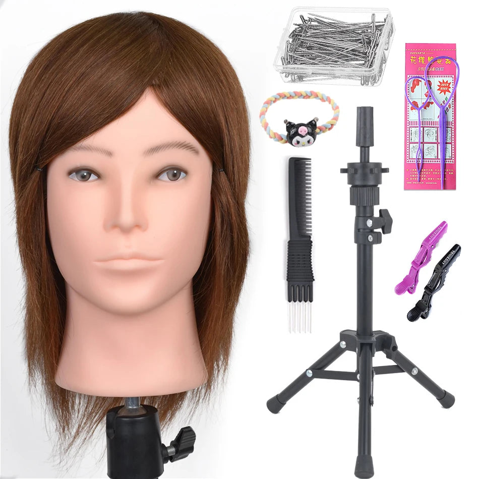 100% Human Hair Male Mannequin Head With Hair Beard Practice Manikin Hairdresser Cosmetology Training Doll Head For Hair Styling