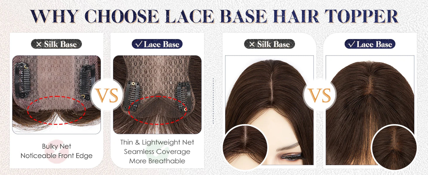 Human Hair Toppers for Women Real Human Hair Topper with Bangs Hand-Tied Thin Lace Base Light Weight Clip in Hairpiece Extension