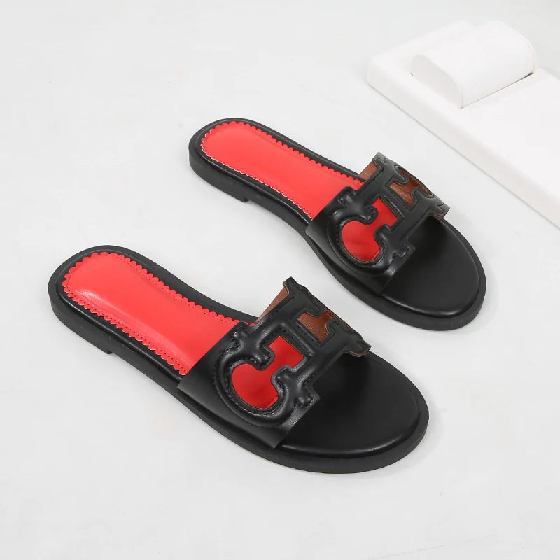 Ladies' slippers summer elegant slim-fitting breathable hollowed-out anti-slip soft-soled suitable vacation travel flat shoes