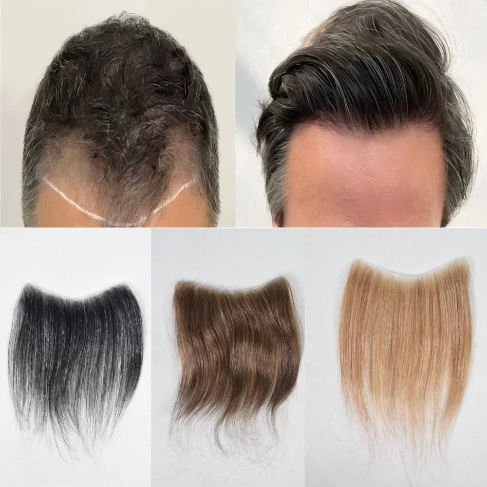 Men's forehead hairline wig; high density human hair skin PU men's frontal hairpiece V ring frontal hair top