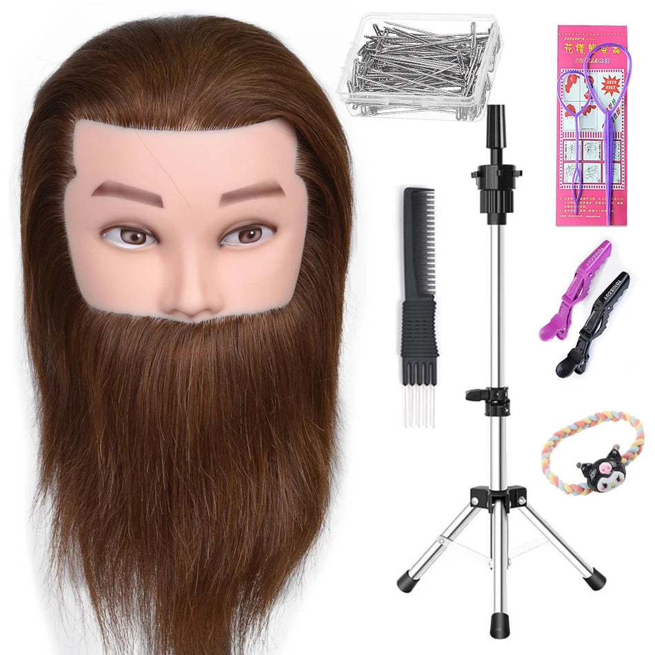 100% Human Hair Male Mannequin Head With Hair Beard Practice Manikin Hairdresser Cosmetology Training Doll Head For Hair Styling