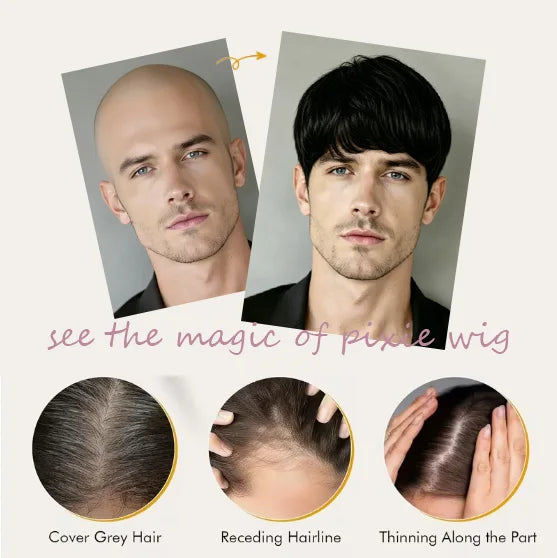 Men's Black Short Full Machine Made Wig with Straight Layered 100% Human Hair Wig with Bangs  for Daily Use