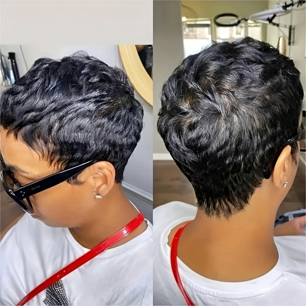 Human Hair Wigs for Women - Short Layered Pixie Cut with Bangs, 1B Color 150% Density Full Machine-Made Wig